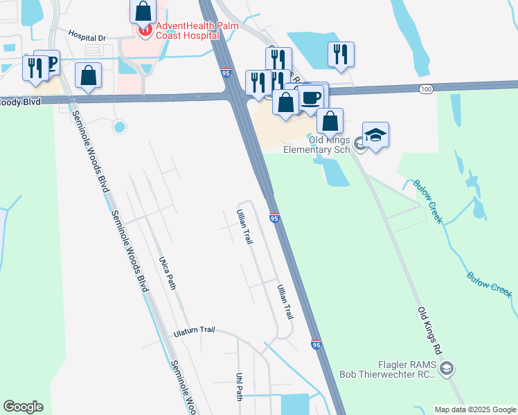 map of restaurants, bars, coffee shops, grocery stores, and more near 137 Ullian Trail in Palm Coast
