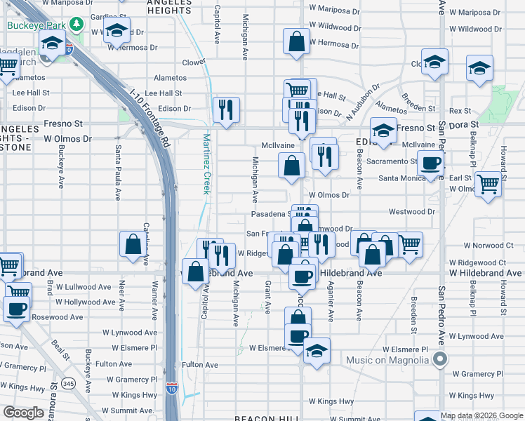 map of restaurants, bars, coffee shops, grocery stores, and more near 1106 Santa Anna in San Antonio