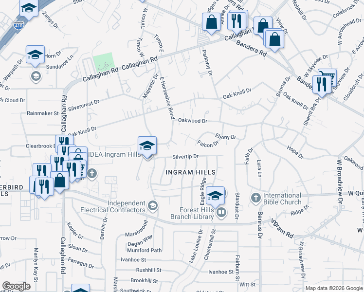 map of restaurants, bars, coffee shops, grocery stores, and more near 5326 Ebony in San Antonio