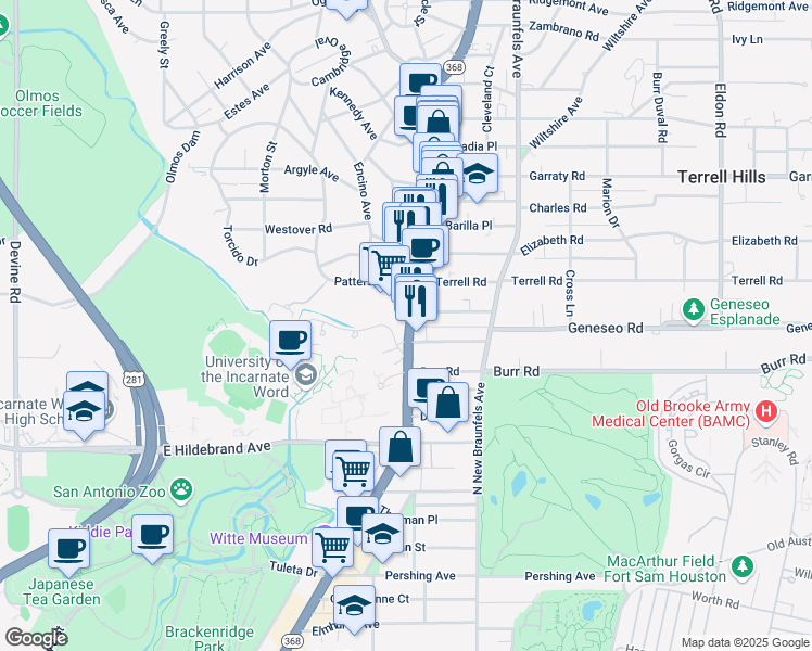 map of restaurants, bars, coffee shops, grocery stores, and more near 4800 Broadway in Alamo Heights