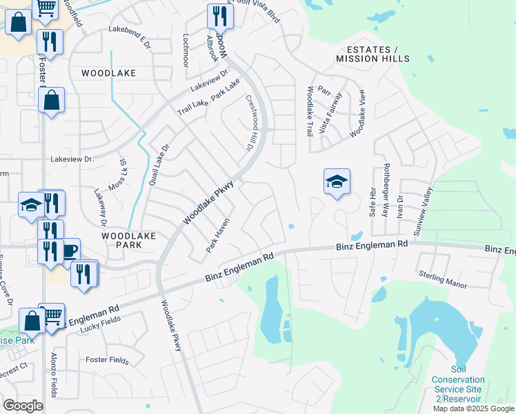 map of restaurants, bars, coffee shops, grocery stores, and more near 7202 Caddo Lake Drive in San Antonio