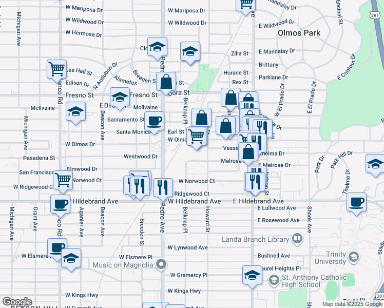 map of restaurants, bars, coffee shops, grocery stores, and more near 300 West Olmos Drive in San Antonio