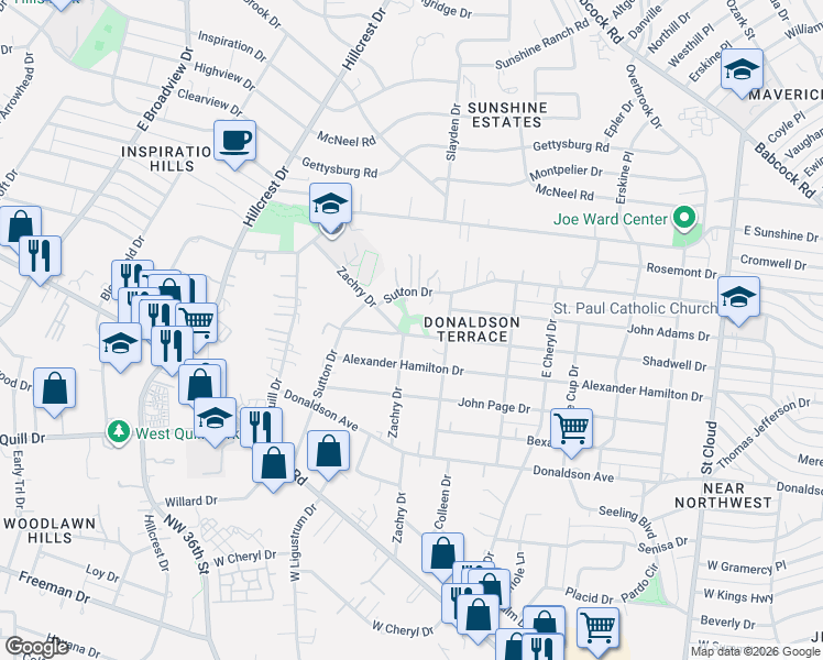 map of restaurants, bars, coffee shops, grocery stores, and more near 938 Sutton Drive in San Antonio