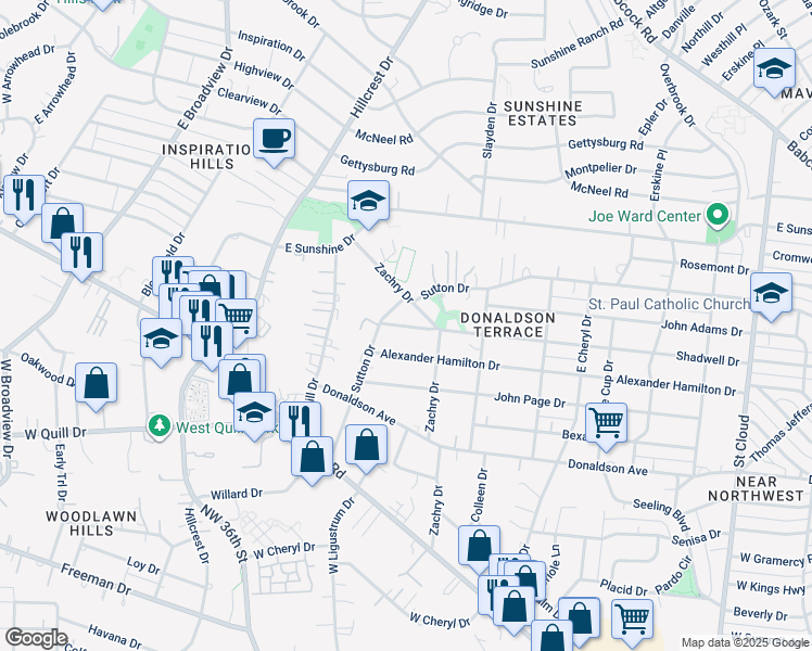 map of restaurants, bars, coffee shops, grocery stores, and more near 823 Zachry Drive in San Antonio