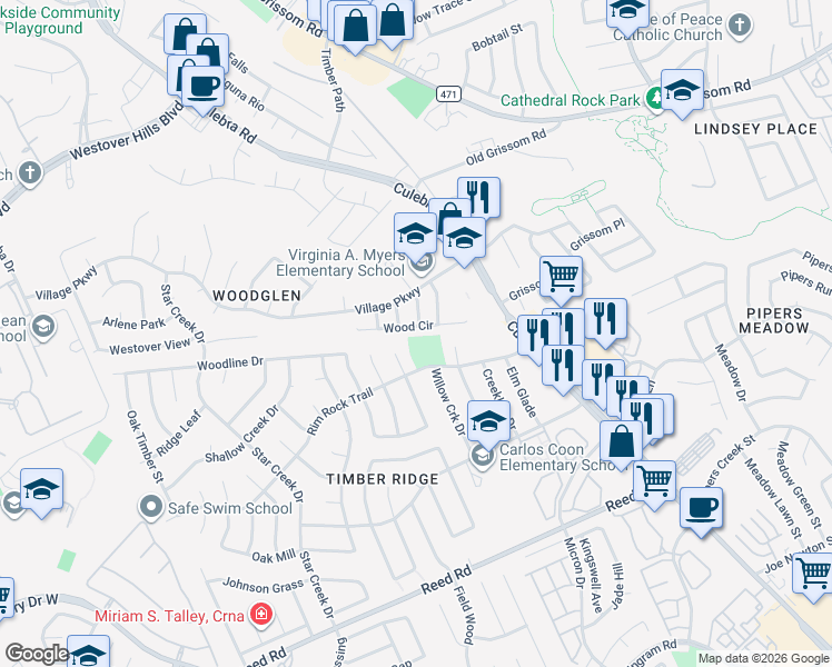 map of restaurants, bars, coffee shops, grocery stores, and more near 8511 Wood Dew in San Antonio