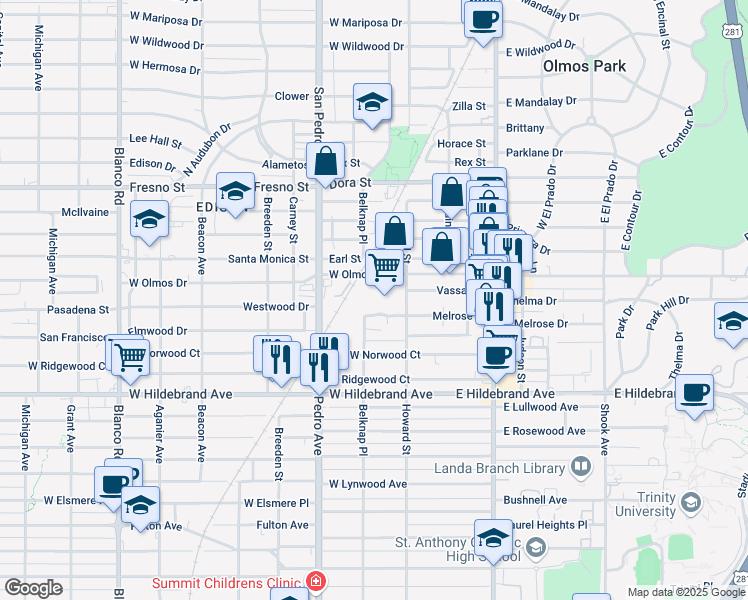 map of restaurants, bars, coffee shops, grocery stores, and more near 300 West Olmos Drive in San Antonio