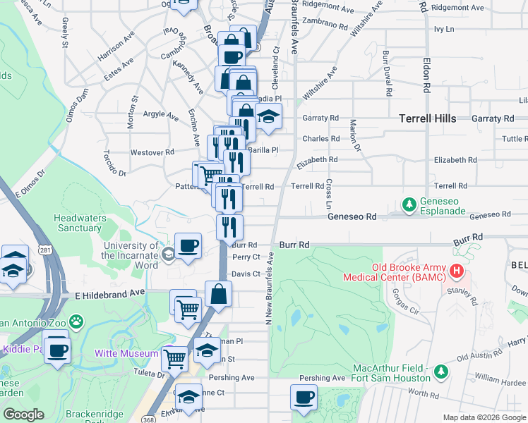 map of restaurants, bars, coffee shops, grocery stores, and more near 145 Harrigan Court in Alamo Heights