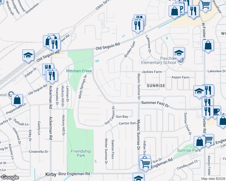 map of restaurants, bars, coffee shops, grocery stores, and more near 5818 Acacia Farm in San Antonio