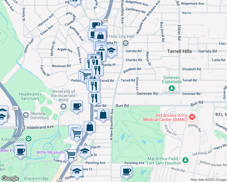 map of restaurants, bars, coffee shops, grocery stores, and more near 4526 North New Braunfels Avenue in San Antonio