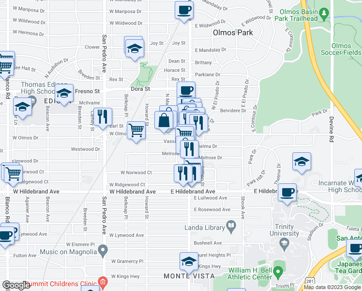 map of restaurants, bars, coffee shops, grocery stores, and more near 111 Vassar Lane in San Antonio