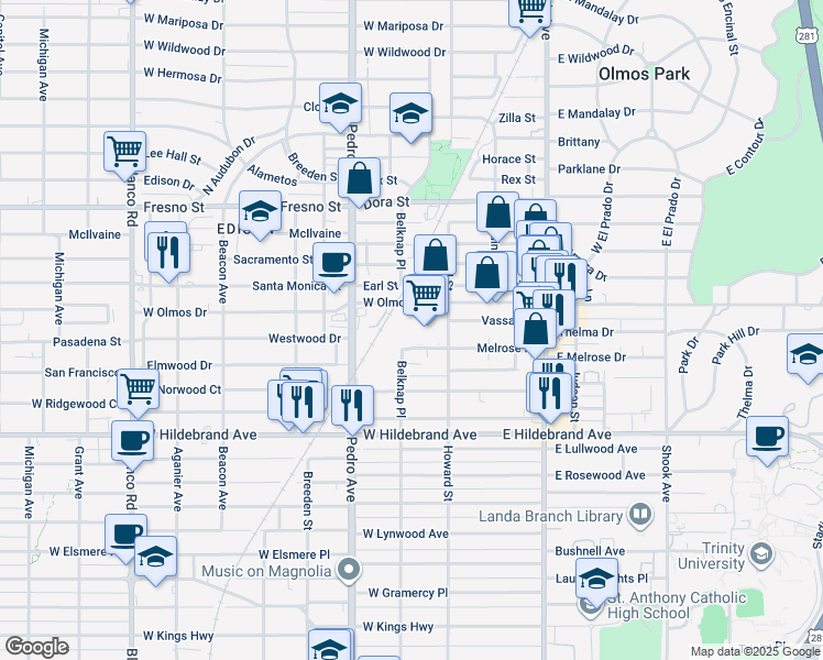 map of restaurants, bars, coffee shops, grocery stores, and more near 406 West Olmos Drive in San Antonio
