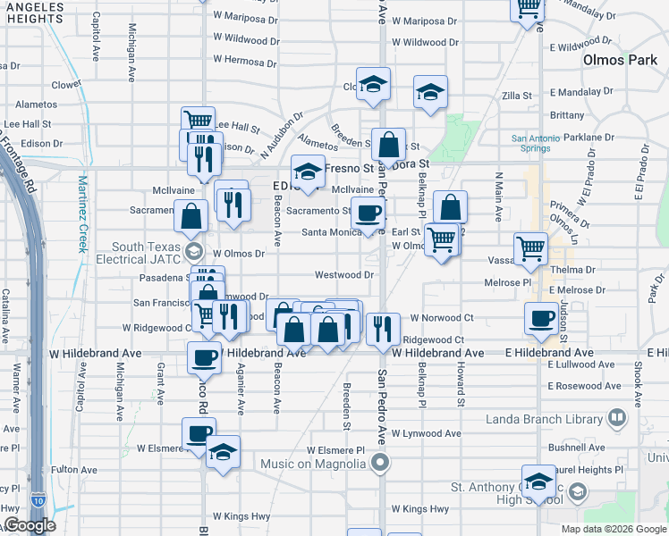 map of restaurants, bars, coffee shops, grocery stores, and more near 610 West Olmos Drive in San Antonio
