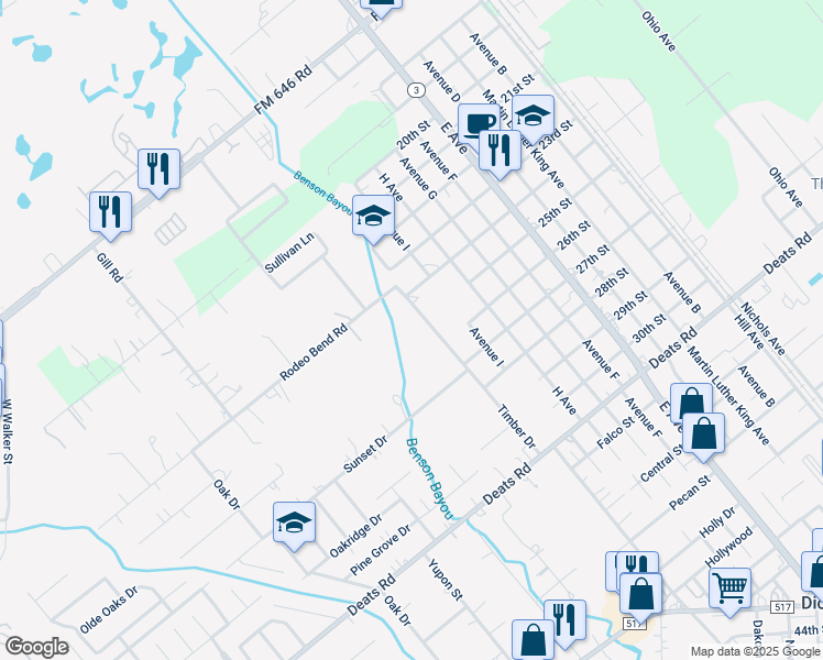 map of restaurants, bars, coffee shops, grocery stores, and more near 2318 Timber Drive in Dickinson
