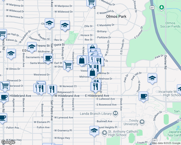 map of restaurants, bars, coffee shops, grocery stores, and more near 111 Vassar Lane in San Antonio