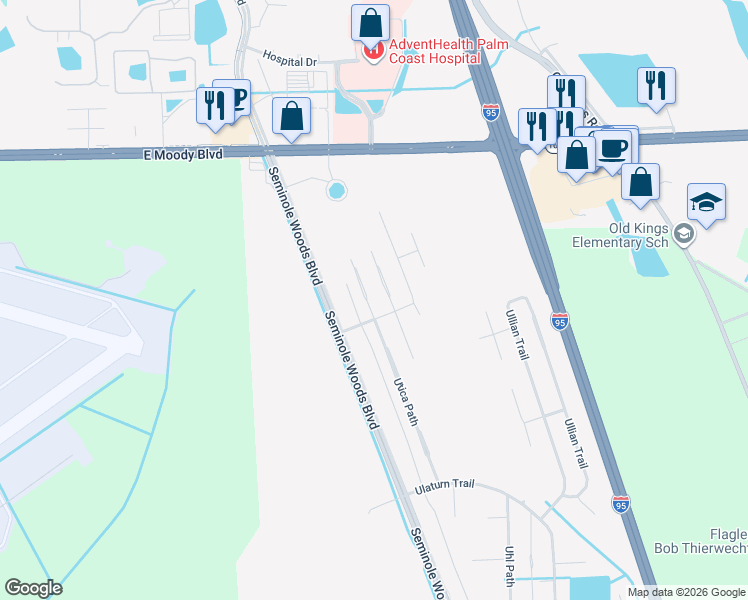 map of restaurants, bars, coffee shops, grocery stores, and more near 10 Uthorne Place in Palm Coast