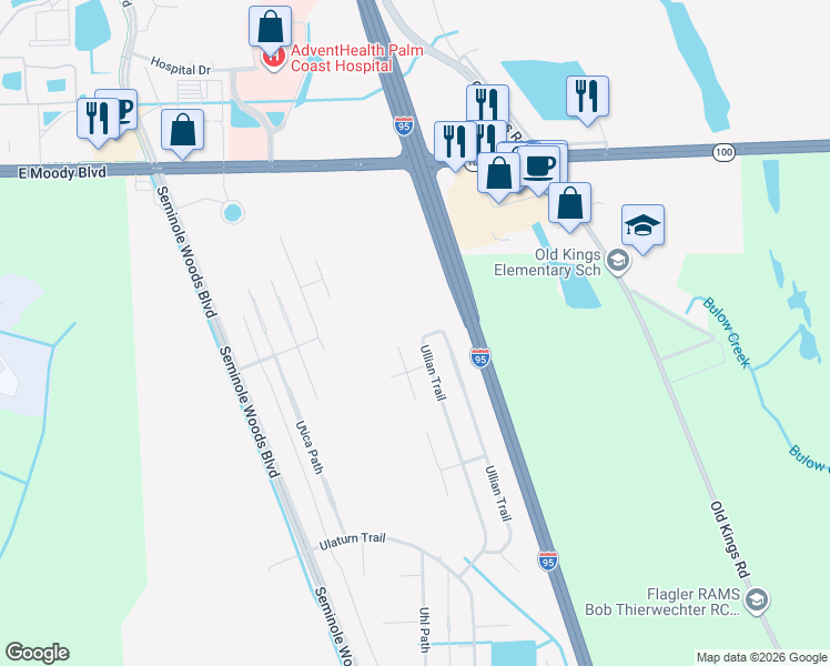 map of restaurants, bars, coffee shops, grocery stores, and more near 129 Ullian Trail in Palm Coast