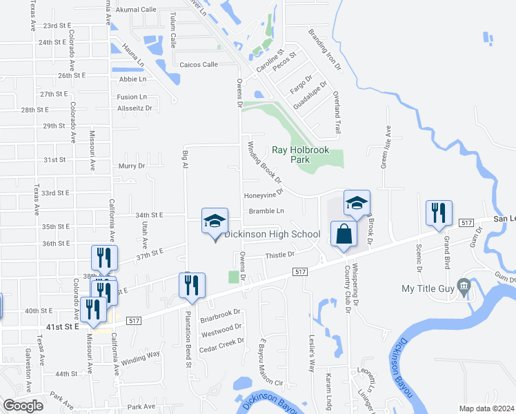 map of restaurants, bars, coffee shops, grocery stores, and more near 5317 Bramble Lane in Dickinson