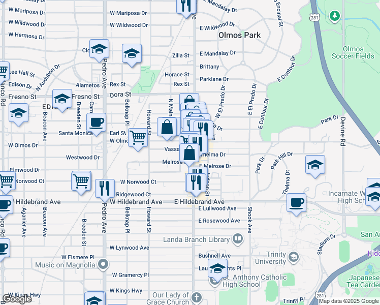 map of restaurants, bars, coffee shops, grocery stores, and more near 4230 McCullough Avenue in San Antonio