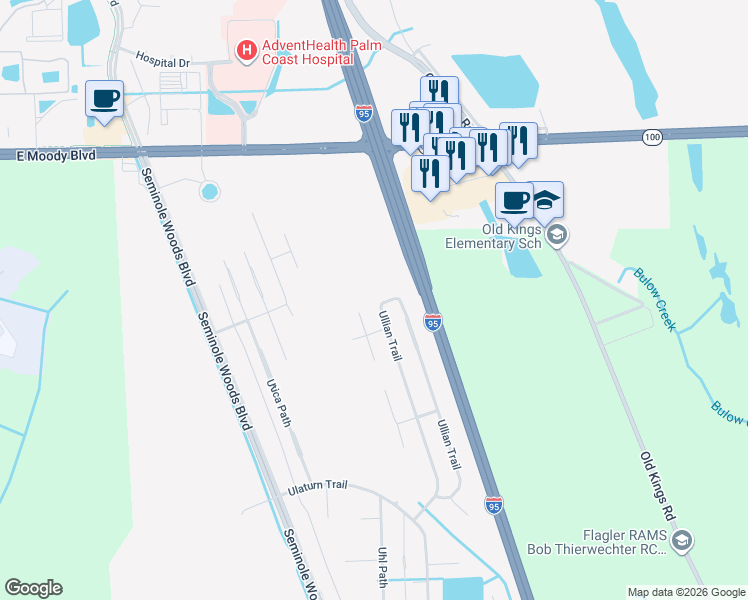 map of restaurants, bars, coffee shops, grocery stores, and more near 129 Ullian Trail in Palm Coast