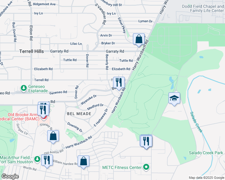 map of restaurants, bars, coffee shops, grocery stores, and more near 909 Burr Road in San Antonio