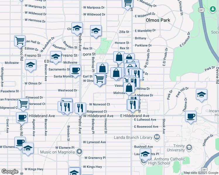 map of restaurants, bars, coffee shops, grocery stores, and more near 141 Vassar Lane in San Antonio