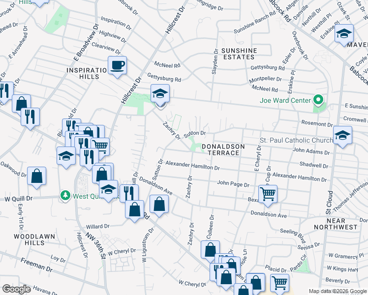 map of restaurants, bars, coffee shops, grocery stores, and more near 823 Zachry Drive in San Antonio
