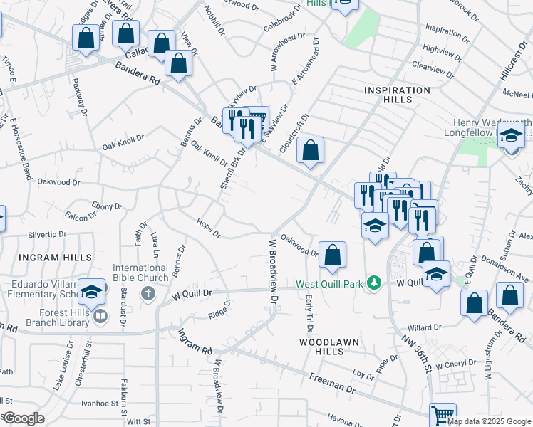 map of restaurants, bars, coffee shops, grocery stores, and more near 215 West Broadview Drive in San Antonio