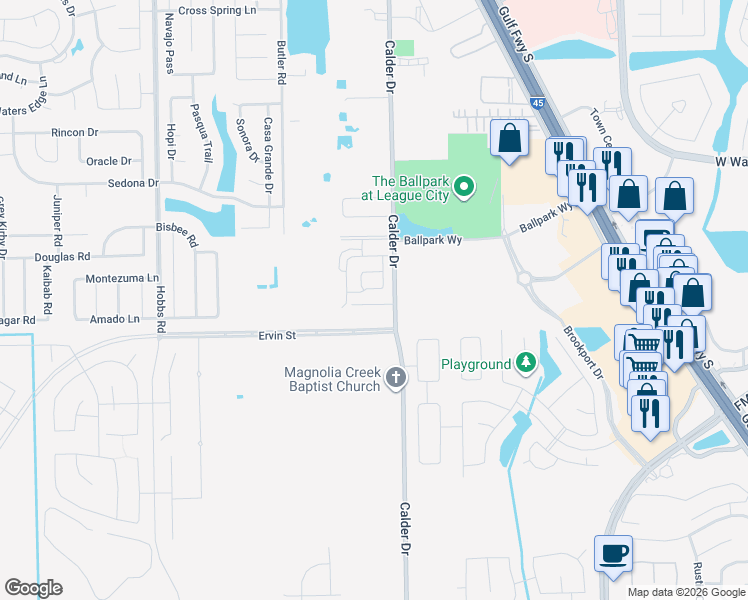 map of restaurants, bars, coffee shops, grocery stores, and more near 1210 Willow Lane in League City