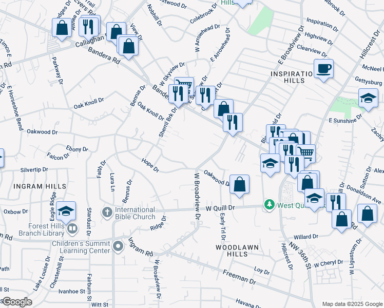 map of restaurants, bars, coffee shops, grocery stores, and more near 215 West Broadview Drive in San Antonio