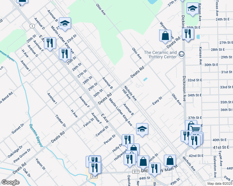 map of restaurants, bars, coffee shops, grocery stores, and more near 2902 Deats Road in Dickinson