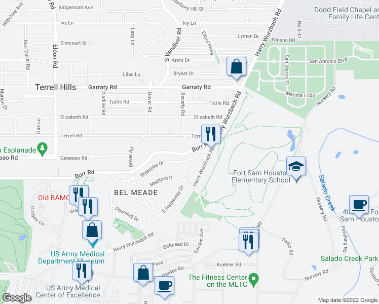 map of restaurants, bars, coffee shops, grocery stores, and more near Burr Rd & Raphail Dr in San Antonio