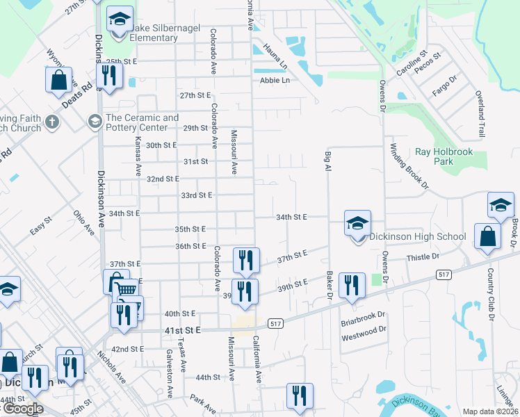 map of restaurants, bars, coffee shops, grocery stores, and more near 3305 California Avenue in Dickinson