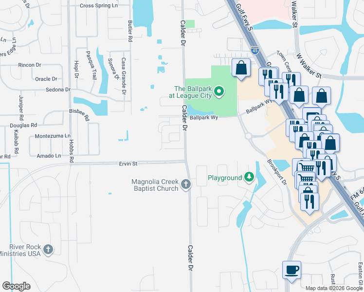 map of restaurants, bars, coffee shops, grocery stores, and more near 1210 Willow Lane in League City