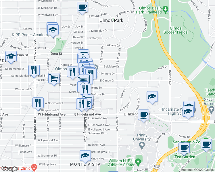 map of restaurants, bars, coffee shops, grocery stores, and more near 427 Thelma Drive in San Antonio
