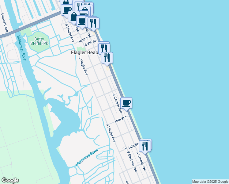 map of restaurants, bars, coffee shops, grocery stores, and more near 1339 South Central Avenue in Flagler Beach