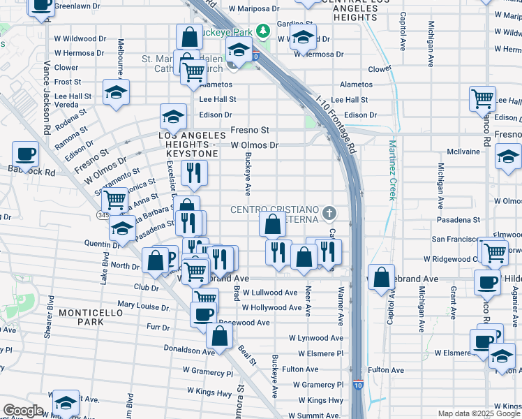 map of restaurants, bars, coffee shops, grocery stores, and more near 1622 Santa Barbara Street in San Antonio