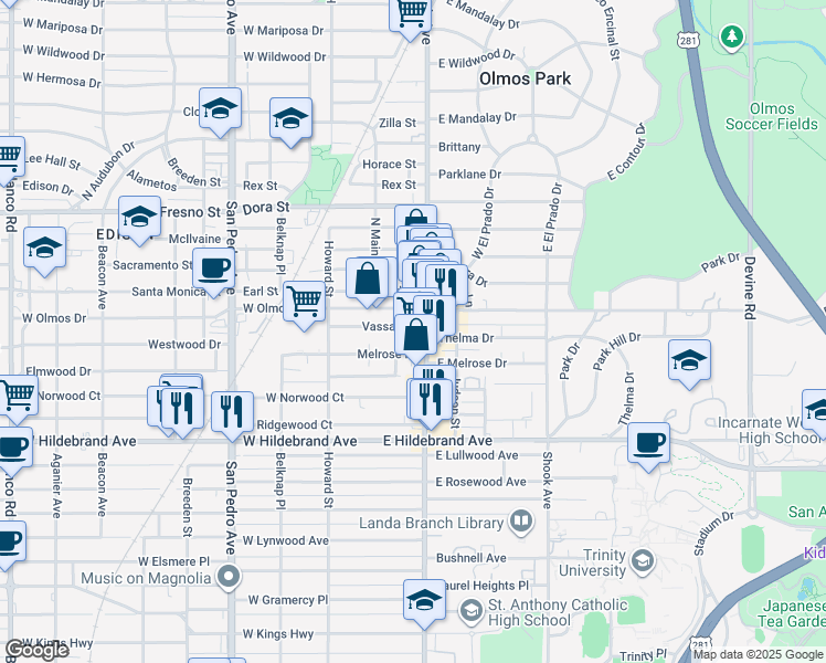map of restaurants, bars, coffee shops, grocery stores, and more near 111 Vassar Lane in San Antonio