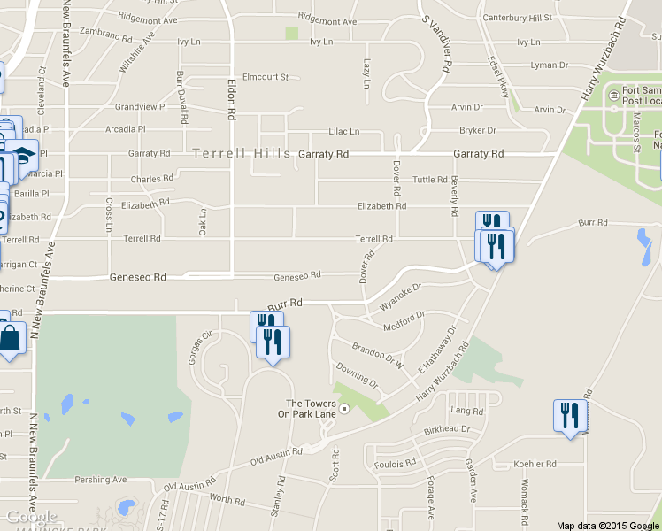 map of restaurants, bars, coffee shops, grocery stores, and more near 517 Geneseo Rd in San Antonio