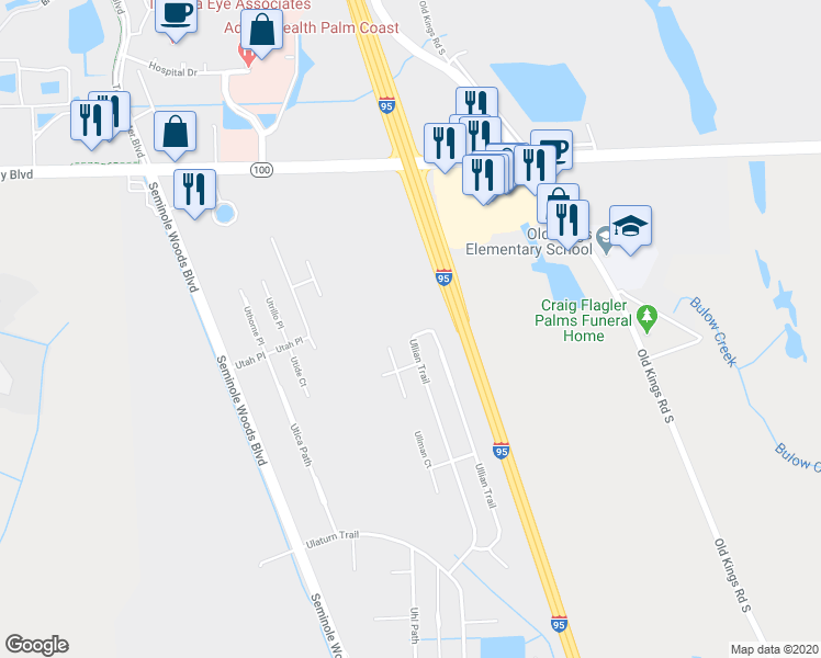 map of restaurants, bars, coffee shops, grocery stores, and more near 129 Ullian Trail in Palm Coast