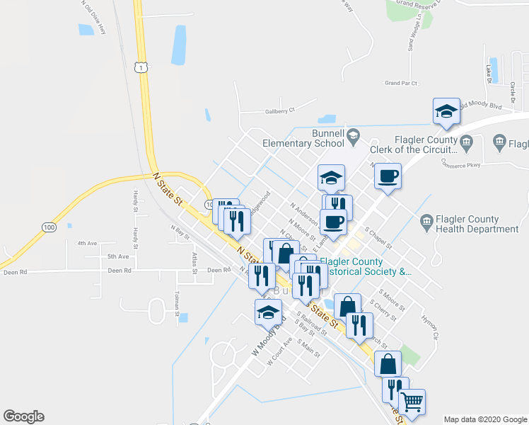 map of restaurants, bars, coffee shops, grocery stores, and more near 507 North Moore Street in Bunnell