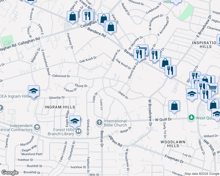 map of restaurants, bars, coffee shops, grocery stores, and more near 2602 Benrus Boulevard in San Antonio