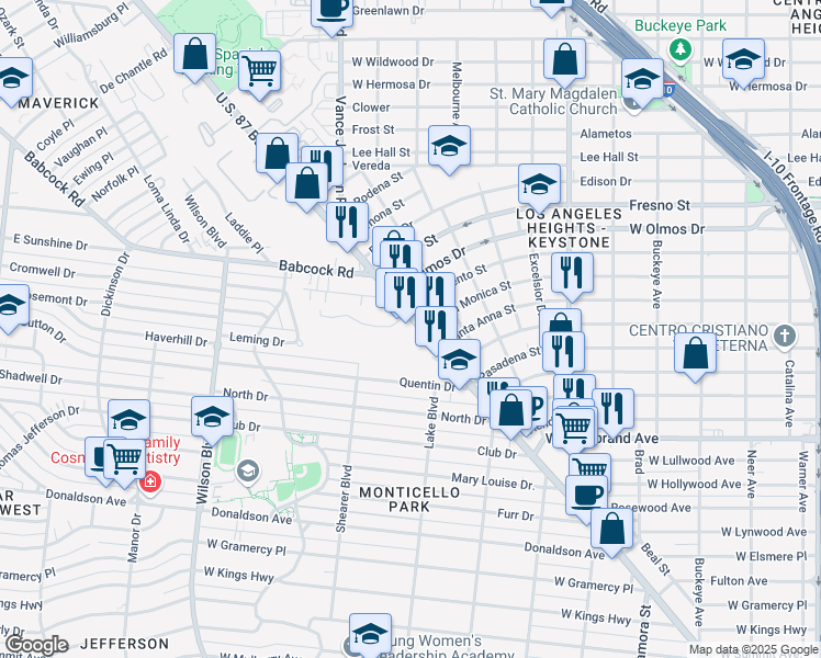 map of restaurants, bars, coffee shops, grocery stores, and more near 2903 U.S. 87 Bus in San Antonio