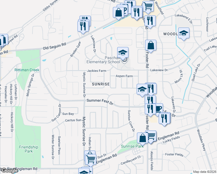 map of restaurants, bars, coffee shops, grocery stores, and more near 4711 Georges Farm in San Antonio