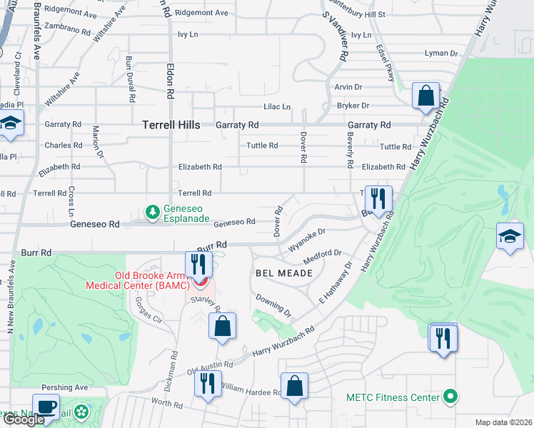 map of restaurants, bars, coffee shops, grocery stores, and more near 533 Geneseo Road in San Antonio