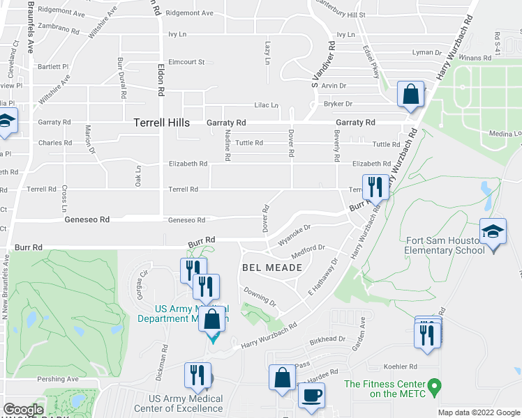 map of restaurants, bars, coffee shops, grocery stores, and more near 533 Geneseo Road in San Antonio