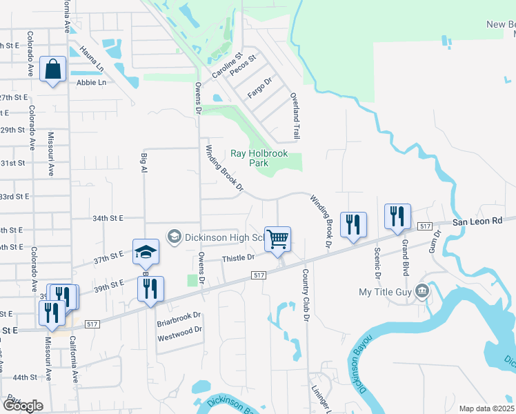 map of restaurants, bars, coffee shops, grocery stores, and more near 3704 Misty Cove Court in Dickinson