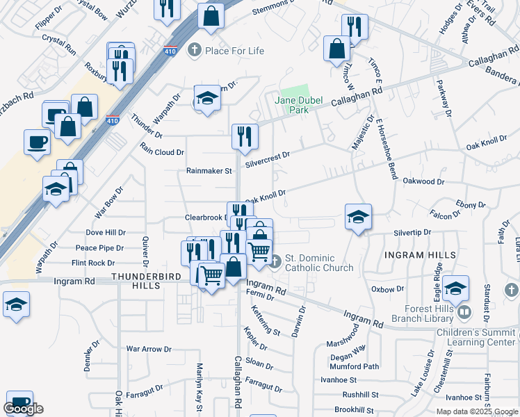 map of restaurants, bars, coffee shops, grocery stores, and more near 4438 Callaghan Road in San Antonio
