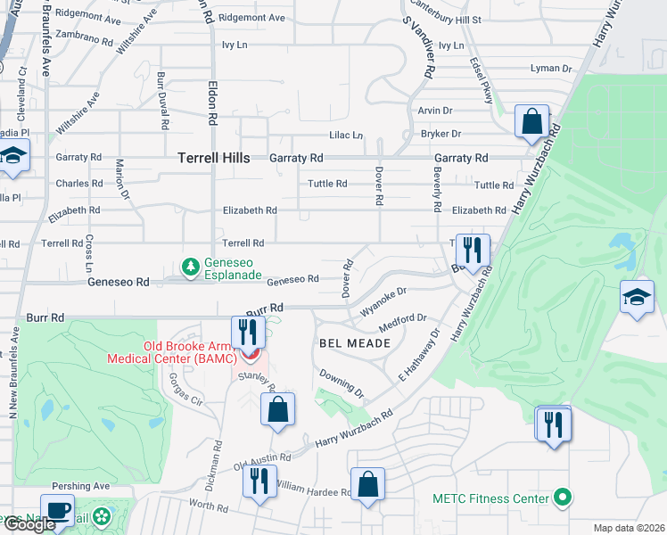 map of restaurants, bars, coffee shops, grocery stores, and more near 533 Geneseo Road in San Antonio
