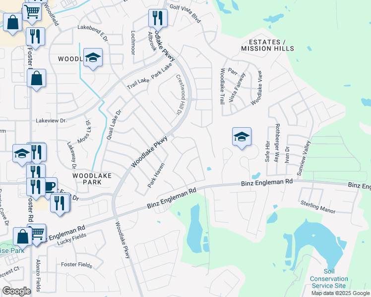 map of restaurants, bars, coffee shops, grocery stores, and more near 7211 Caddo Lake Drive in San Antonio