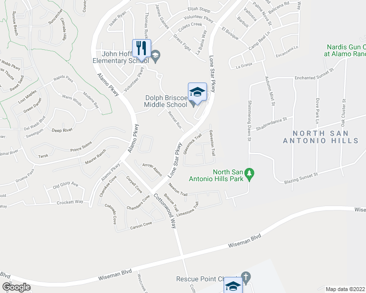 map of restaurants, bars, coffee shops, grocery stores, and more near 3534 Glasscock Trail in San Antonio